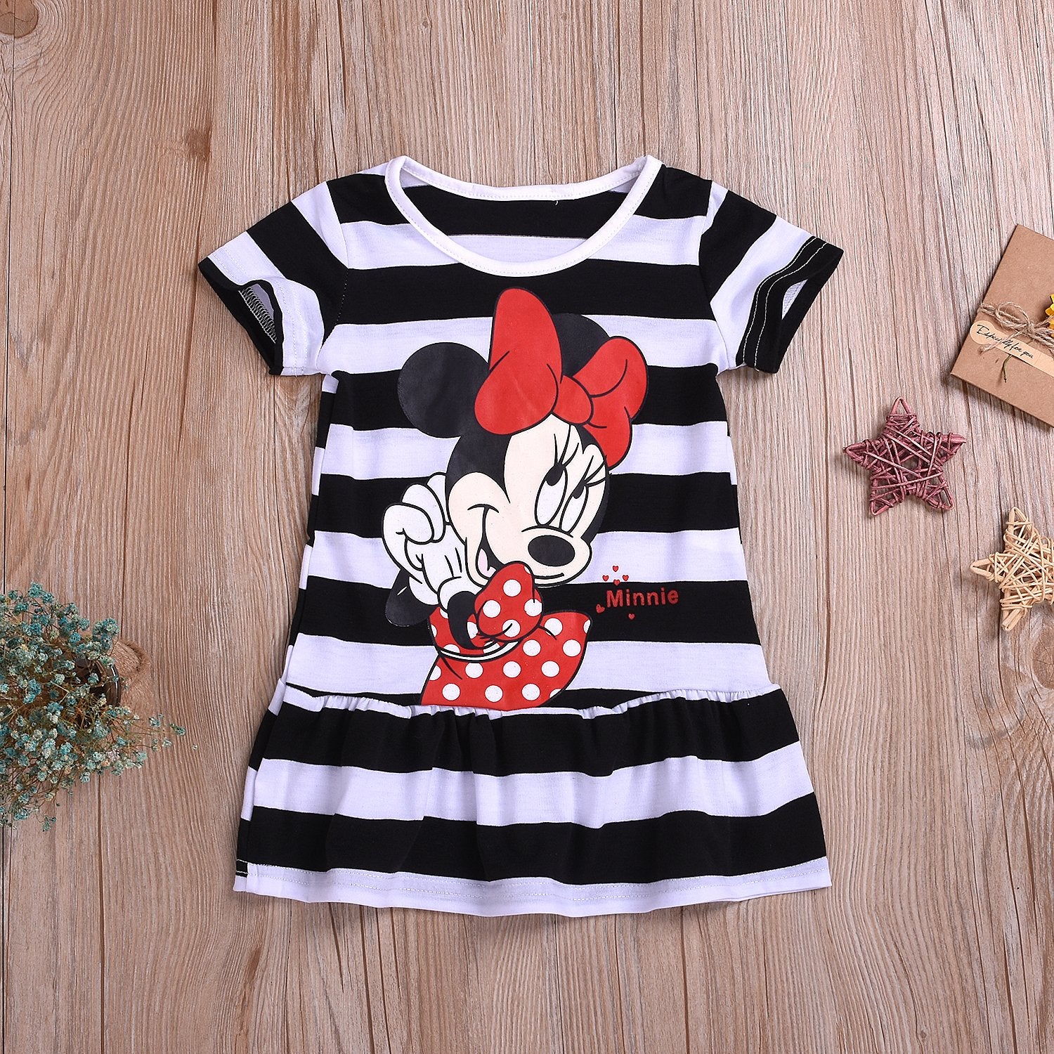 Fashionable Girls Round Neck Striped Mickey Mouse Cartoon Dress