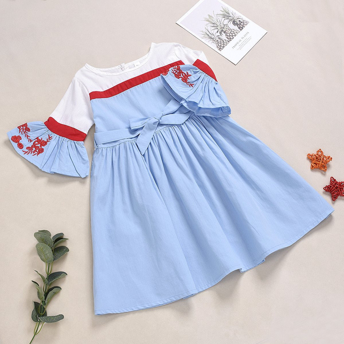 Girl's Light Blue Trumpet Sleeve Dress Embroidered Princess Skirt