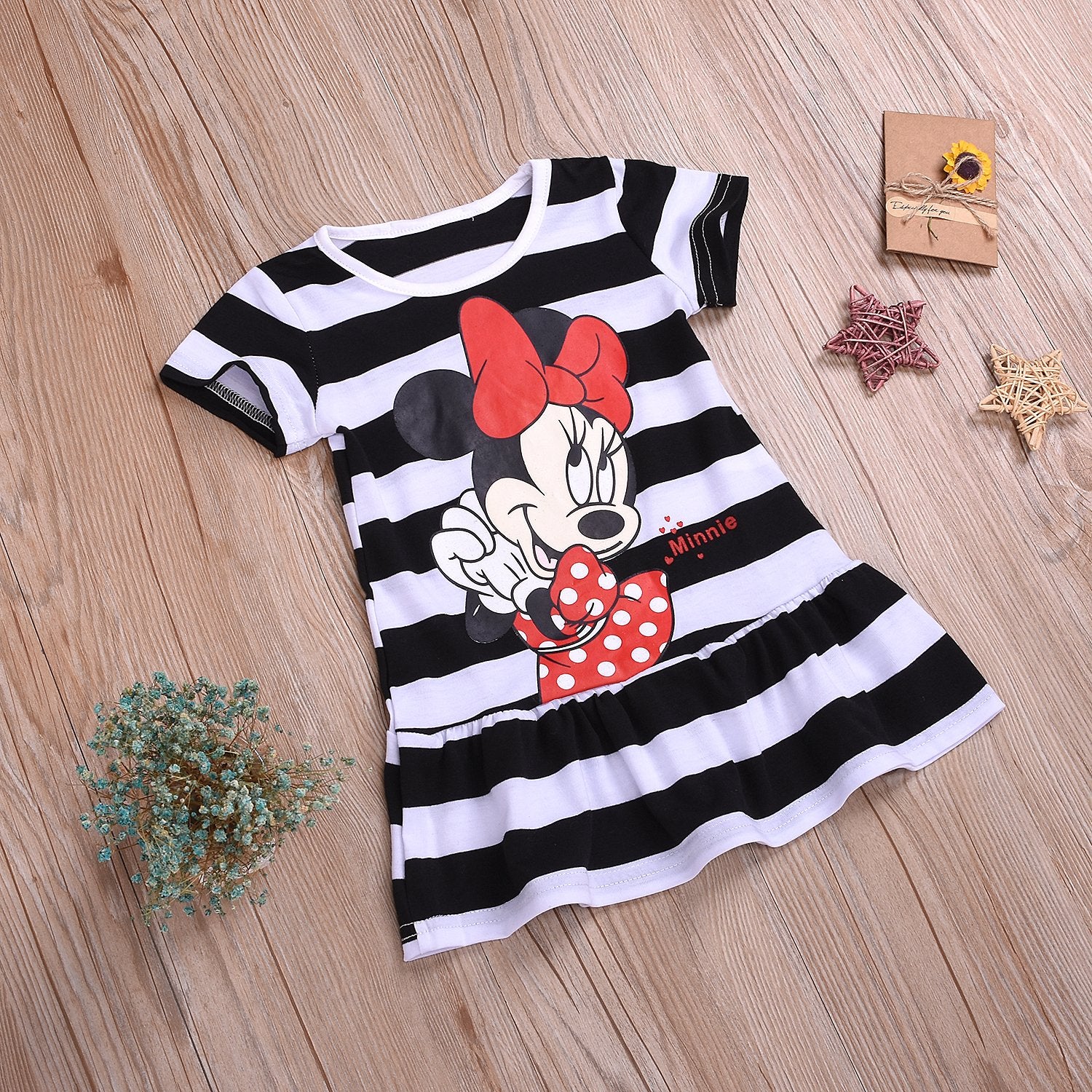 Fashionable Girls Round Neck Striped Mickey Mouse Cartoon Dress