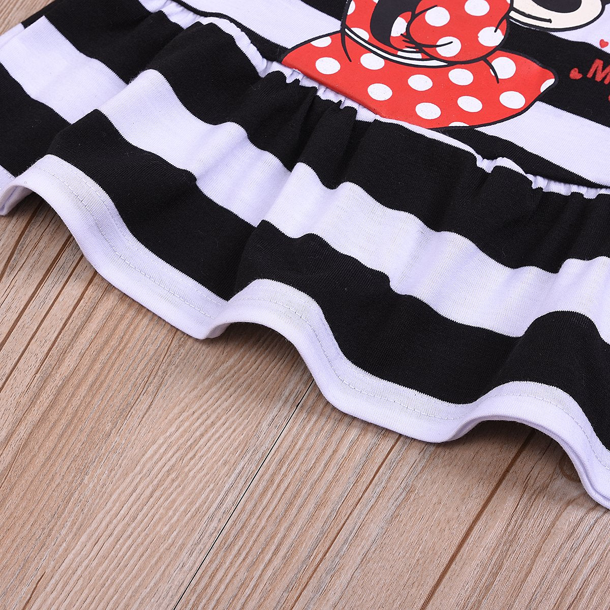 Fashionable Girls Round Neck Striped Mickey Mouse Cartoon Dress