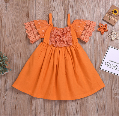 Fashionable Girls Ruffle Trim Solid Color Lace Suspender Dress