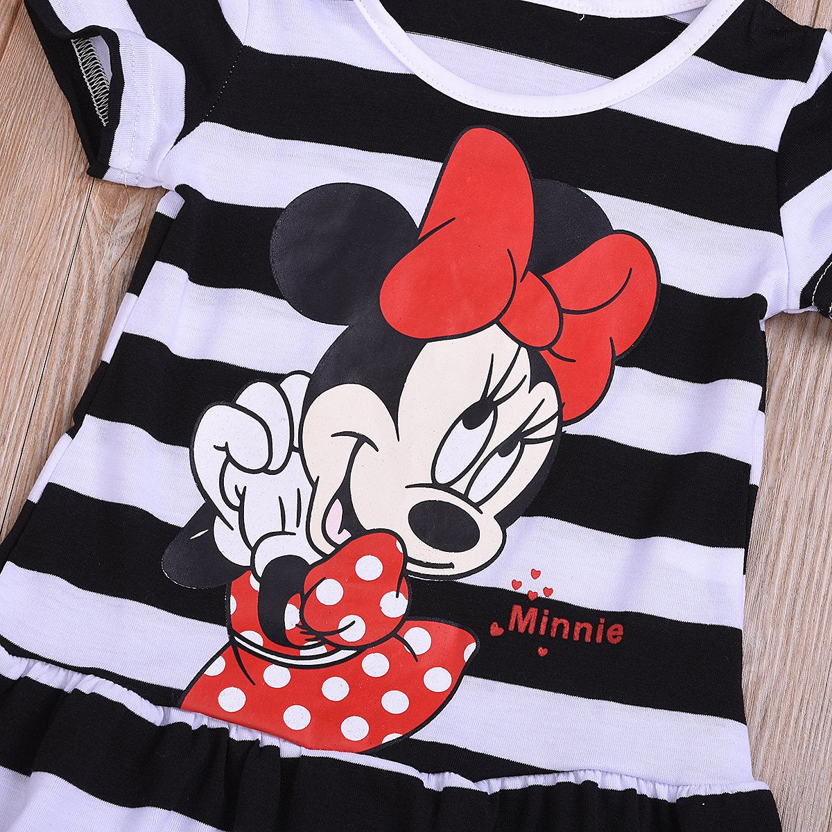 Fashionable Girls Round Neck Striped Mickey Mouse Cartoon Dress