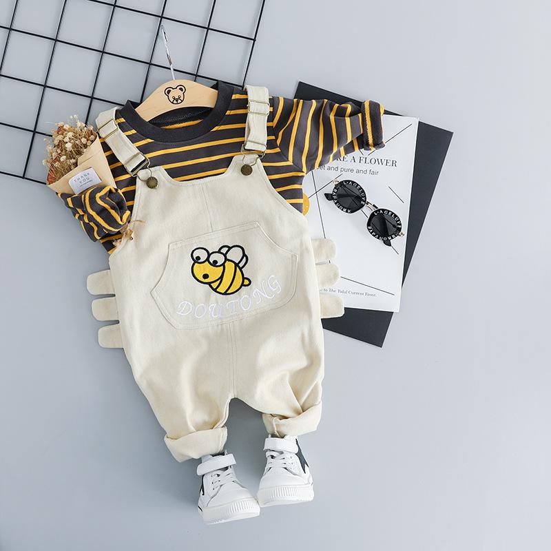 MOQ 3PCS Boys Spring/Autumn Round Collar Striped Top Suspender Pants Set Baby Wholesales