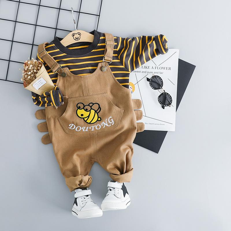 MOQ 3PCS Boys Spring/Autumn Round Collar Striped Top Suspender Pants Set Baby Wholesales