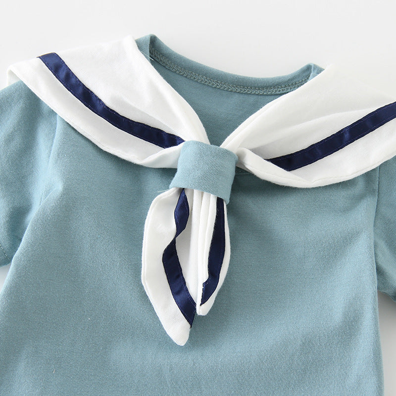Baby Boys Girls Solid Cotton Navy Collar Short Sleeve Jumpsuit Romper