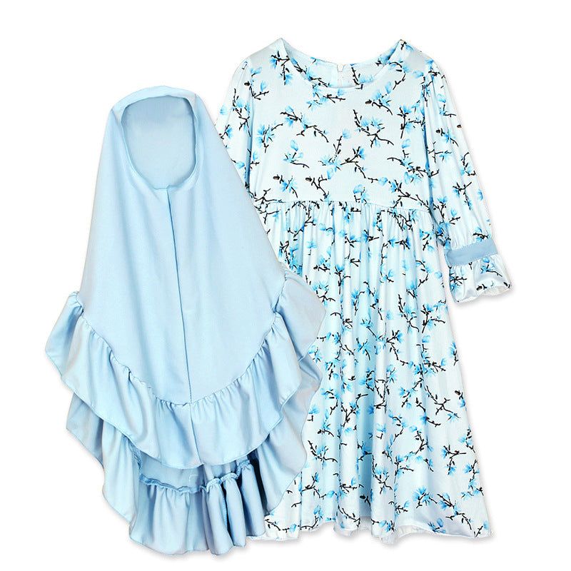 Girls Children's Spring and Winter Models Long-sleeved Round Neck Floral Dress + Blue Lace Headscarf Two-piece Children's Clothing
