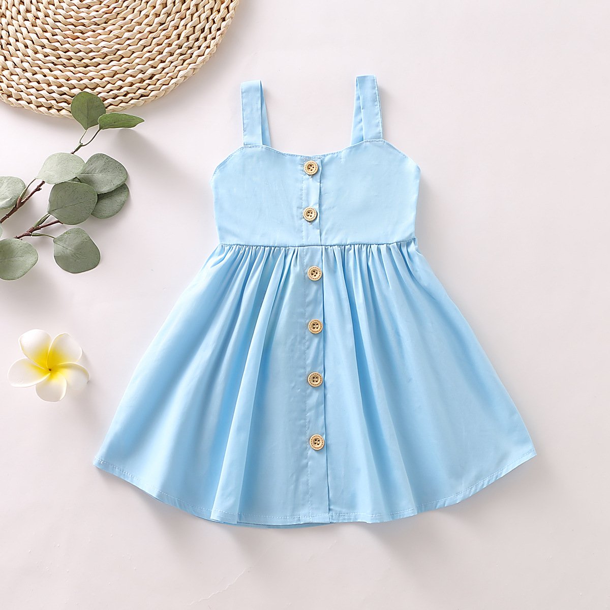 Cute Girls Solid Color Button Suspender Pleated Dress
