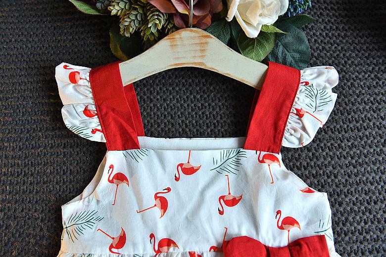 Girl Flamingo Print Dress Suspender Skirt Bowknot Decor Princess Skirt