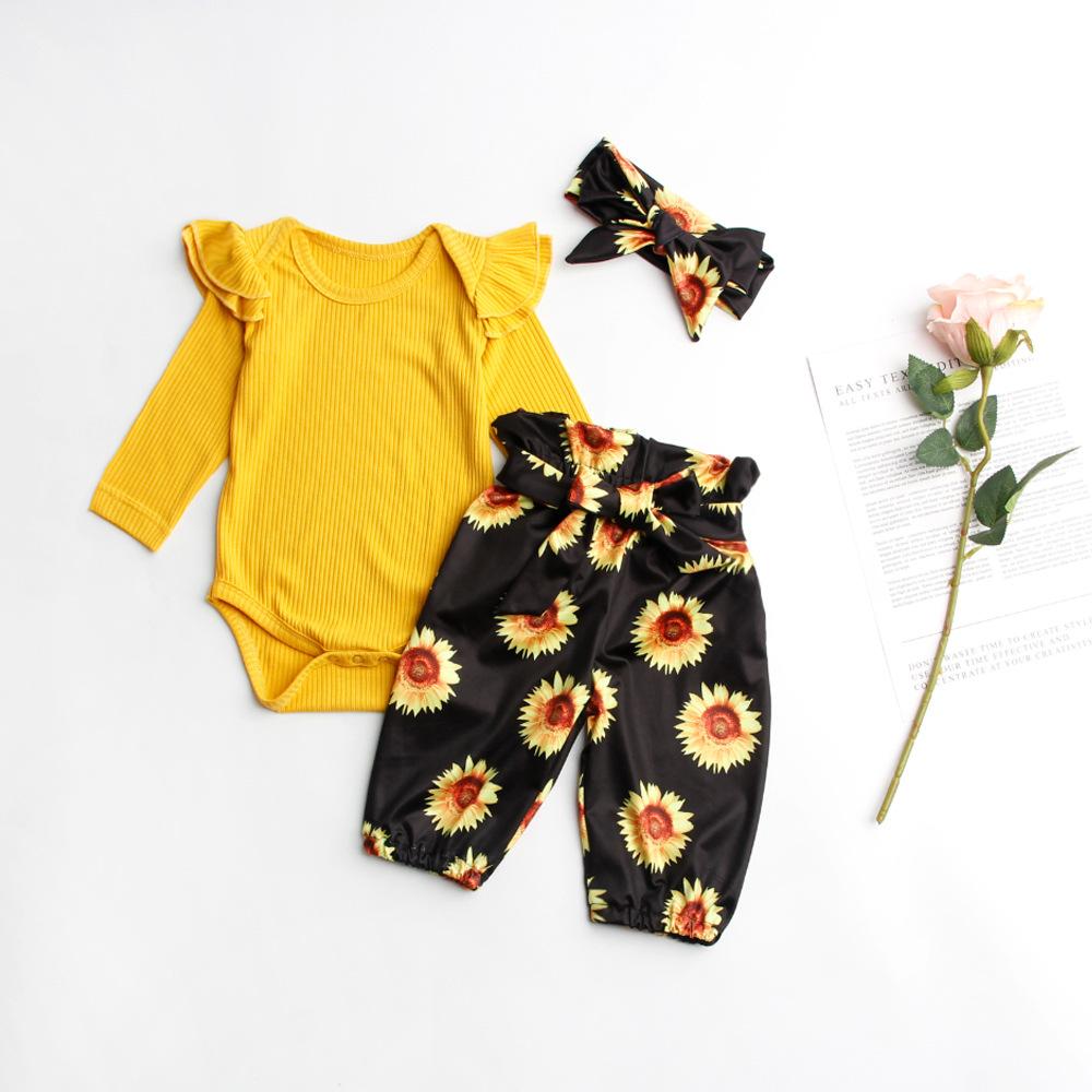 Baby Girls Long Sleeve Top Floral Pants Three-piece Set Baby Boutique Clothes Wholesale