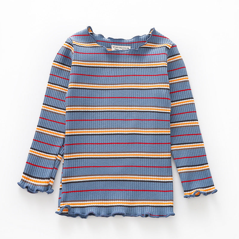 Spring New Cotton Striped Baby Girl T-shirt Wave Collar Tops Children's Clothing