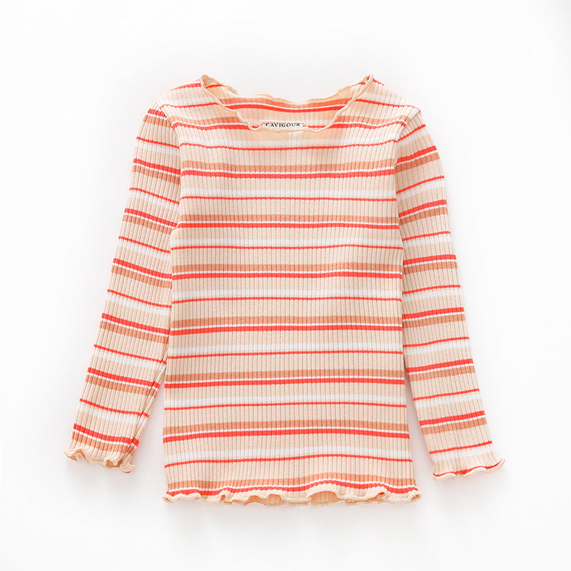 Spring New Cotton Striped Baby Girl T-shirt Wave Collar Tops Children's Clothing