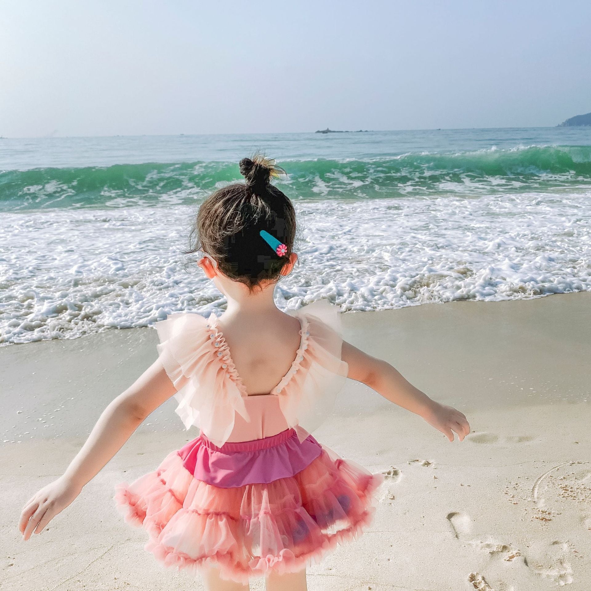 Children's Girls Swimsuit Pink Mesh Pearl