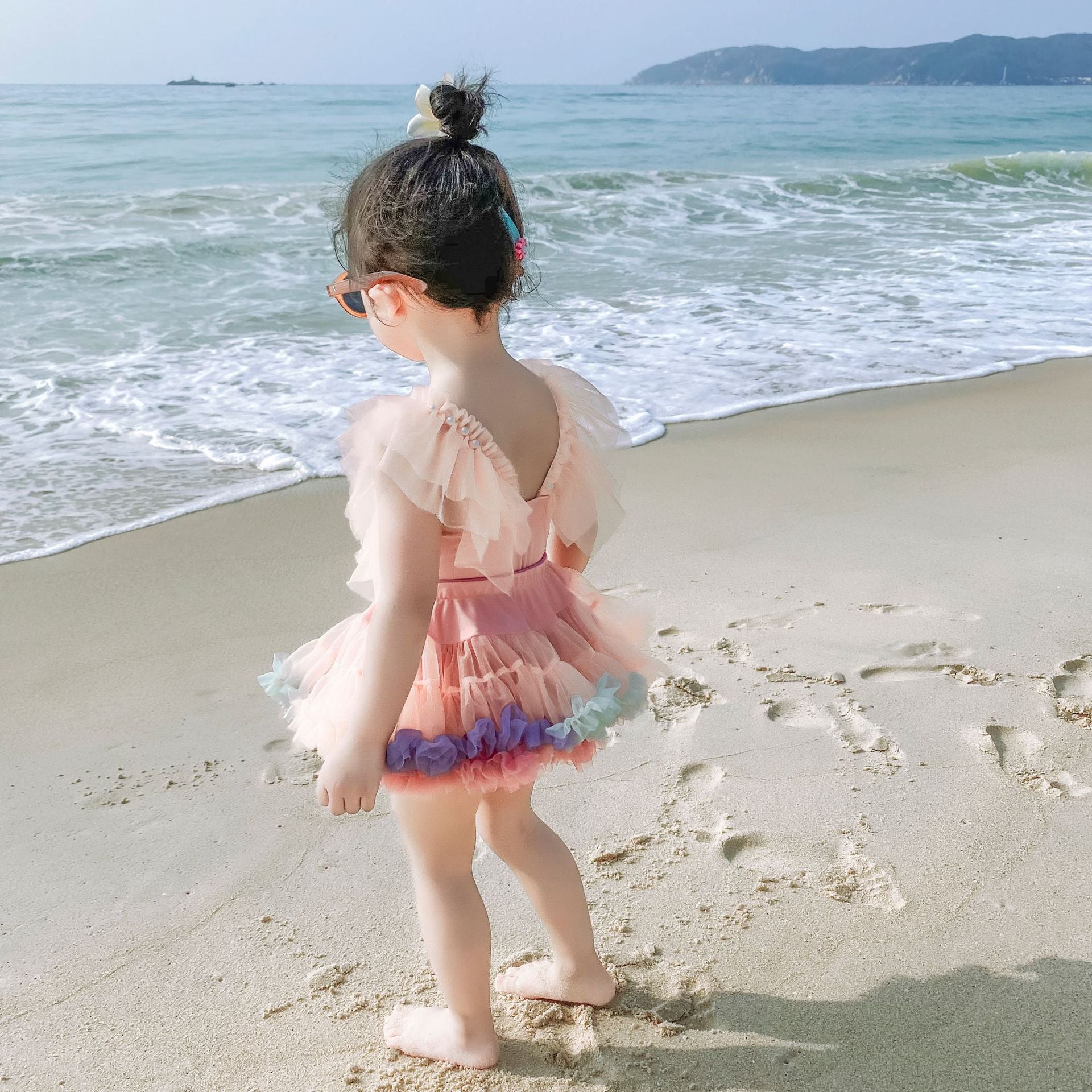 Children's Girls Swimsuit Pink Mesh Pearl