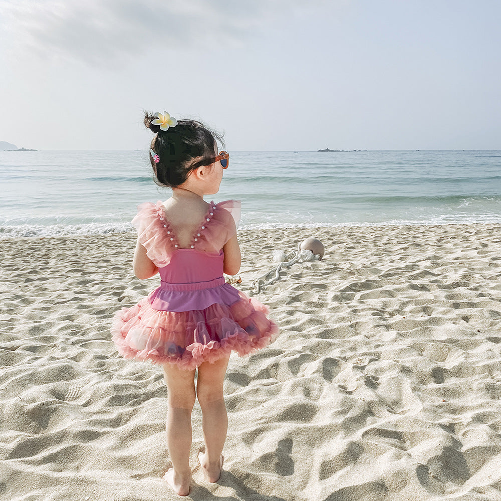 Children's Girls Swimsuit Pink Mesh Pearl