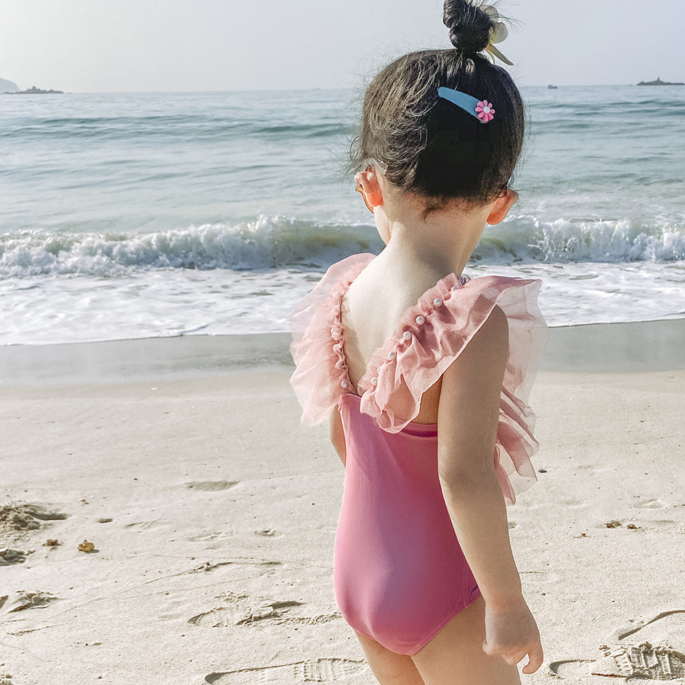 Children's Girls Swimsuit Pink Mesh Pearl