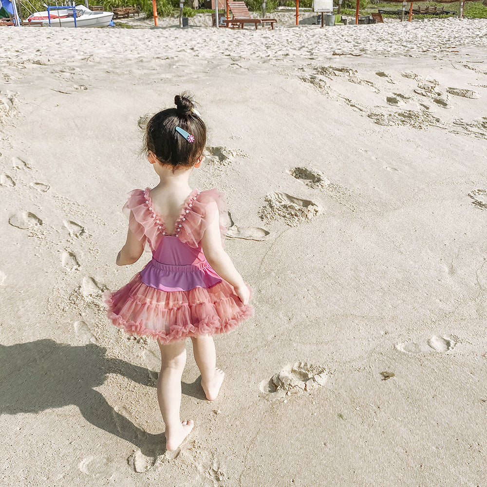 Children's Girls Swimsuit Pink Mesh Pearl