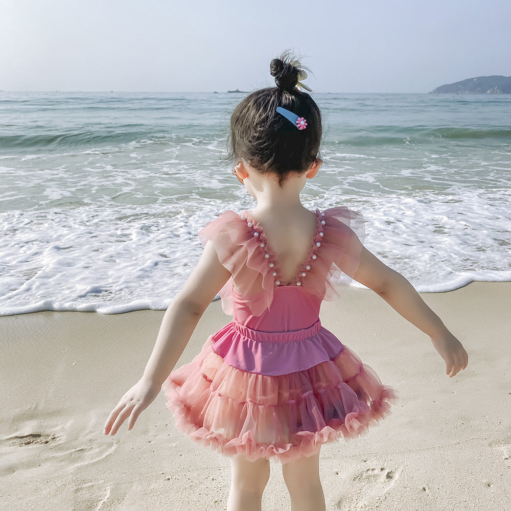 Children's Girls Swimsuit Pink Mesh Pearl