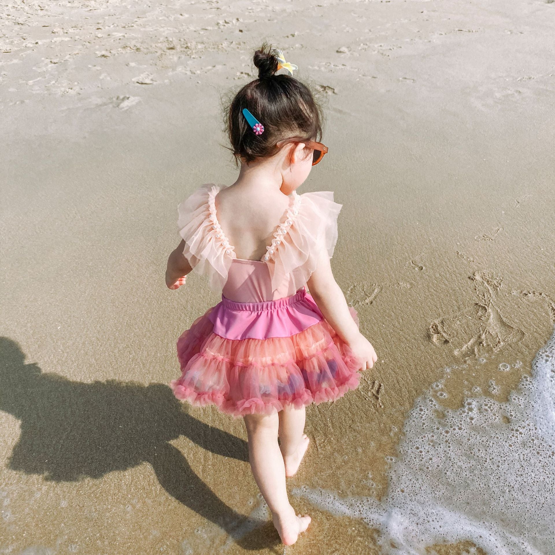 Children's Girls Swimsuit Pink Mesh Pearl