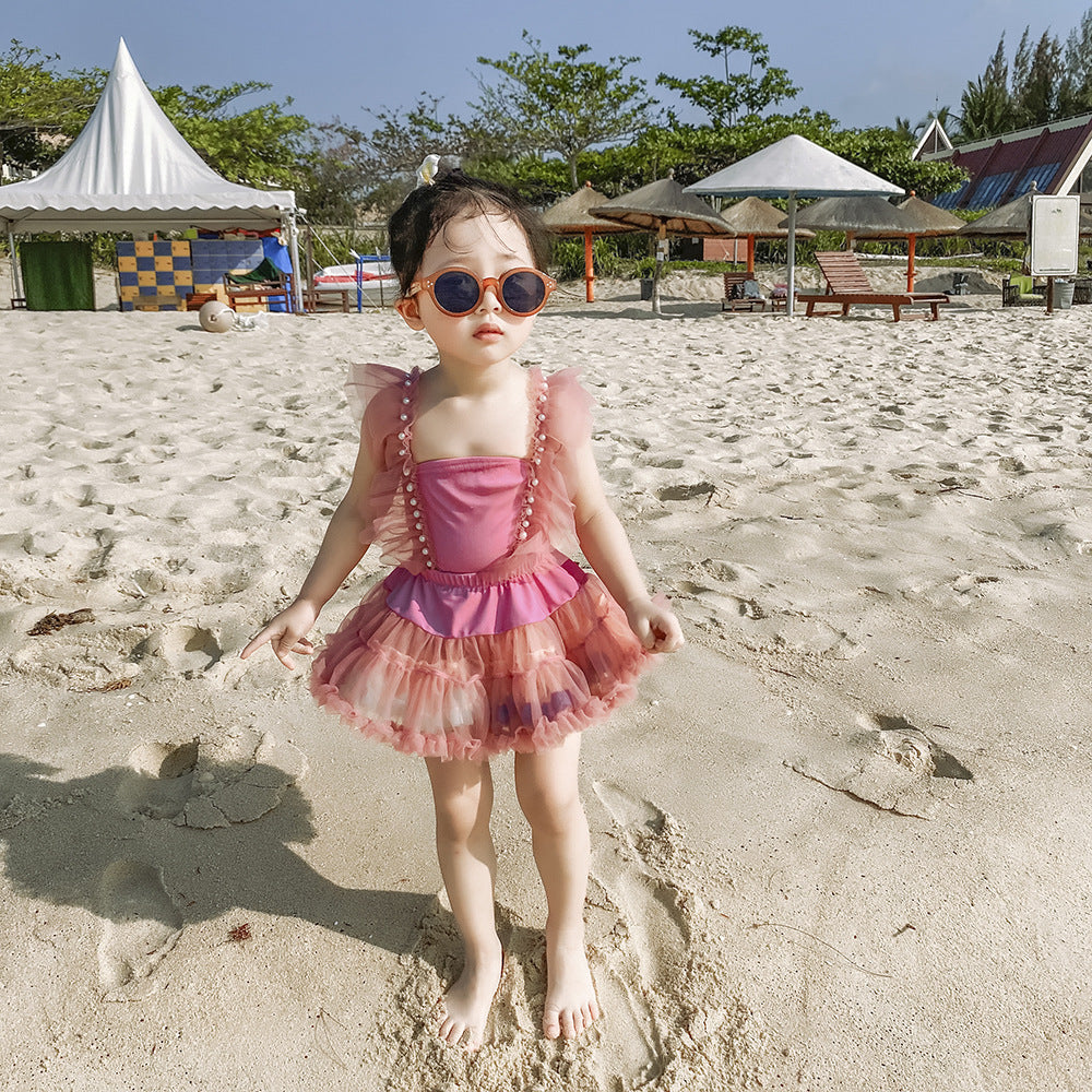 Children's Girls Swimsuit Pink Mesh Pearl