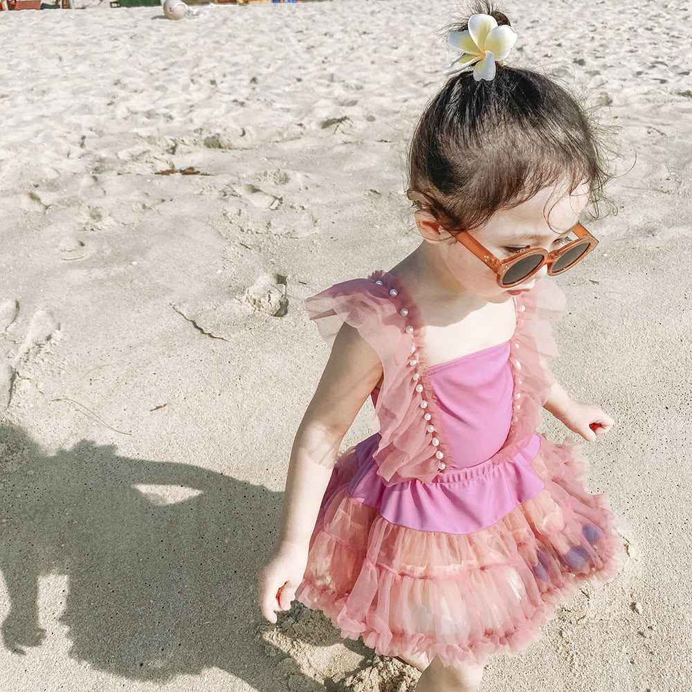 Children's Girls Swimsuit Pink Mesh Pearl