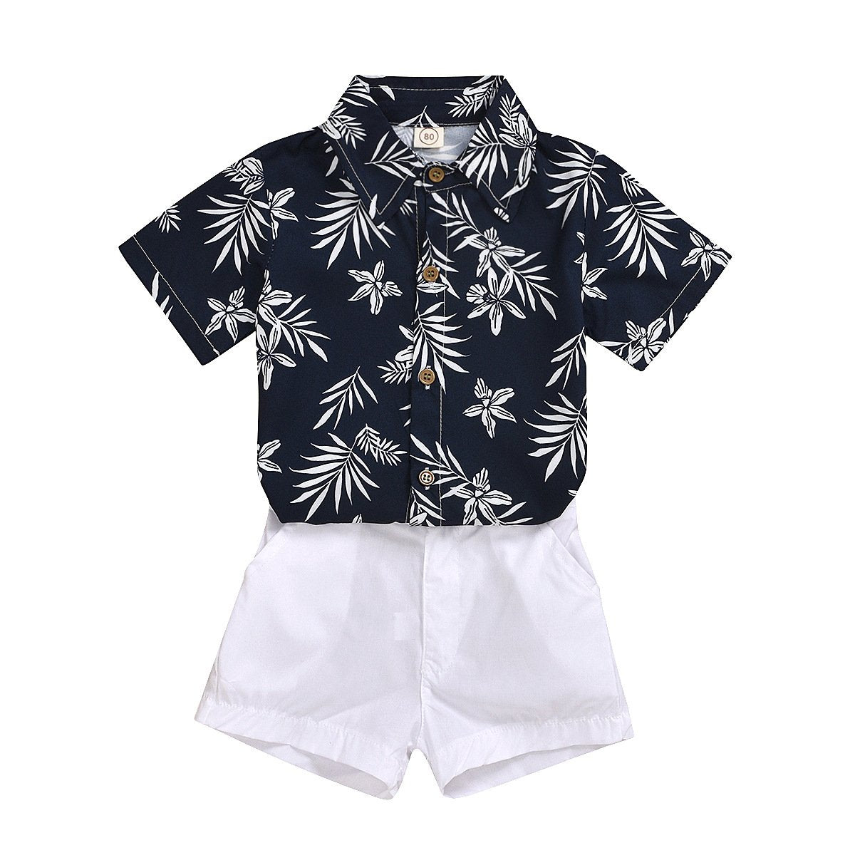 Boys Summer Boys' Lapel Print Leaf Short Sleeve Shirt & White Shorts Toddler Boy Sets