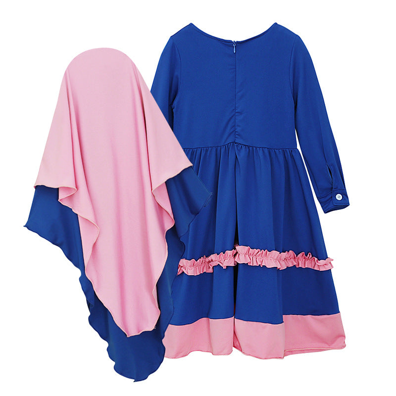 Girls Children's Spring and Autumn Models Middle Eastern Hui Long-sleeved Dress Long Dress Bow Hijab