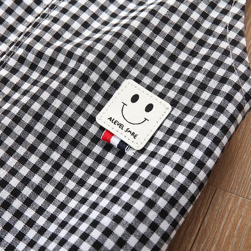 Toddler kids boys Solid color smiling face print short sleeve T-shirt Plaid print suspender Pants Set