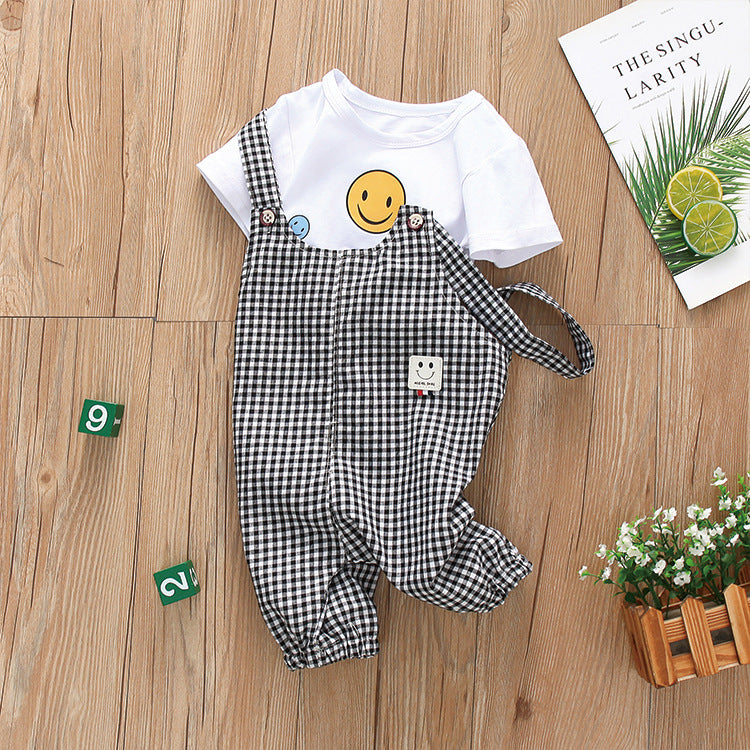 Toddler kids boys Solid color smiling face print short sleeve T-shirt Plaid print suspender Pants Set