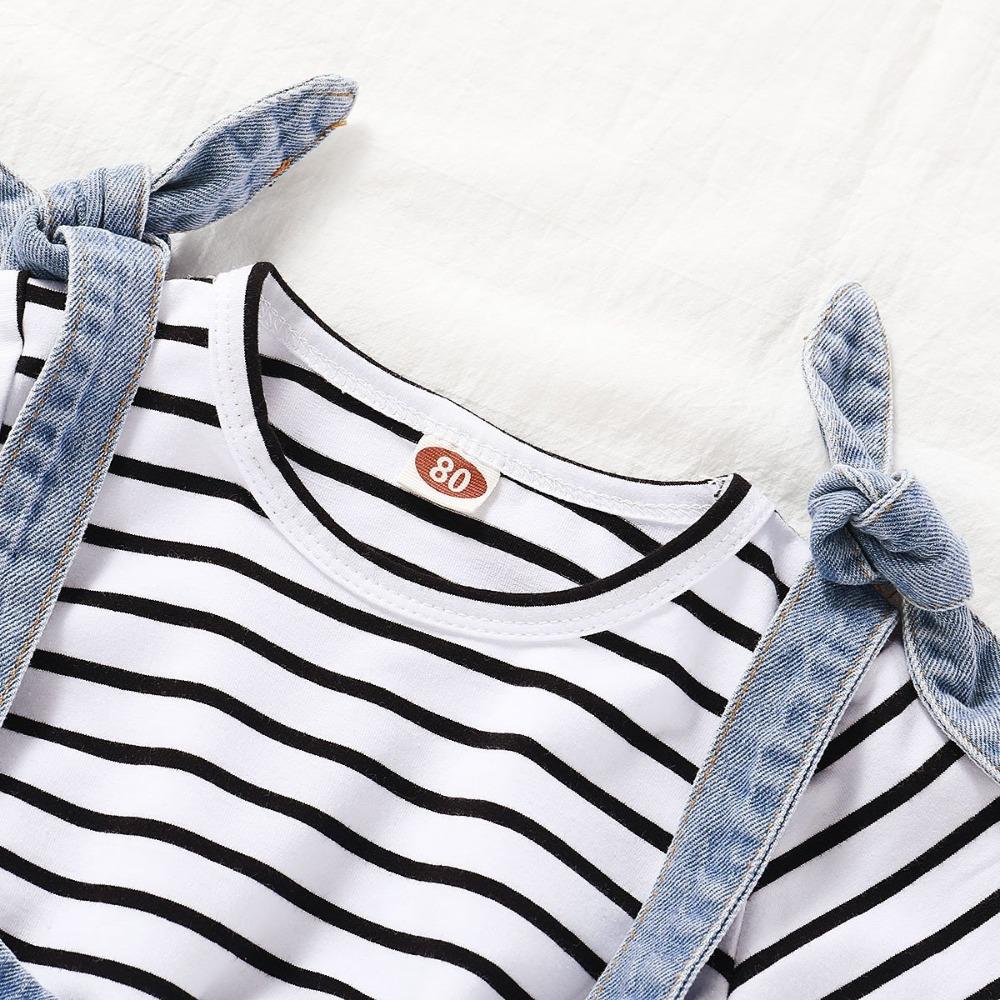 Girls' Striped Round Neck Short Sleeve T-Shirt & Denim Strap Skirt Wholesale Little Girls Clothes