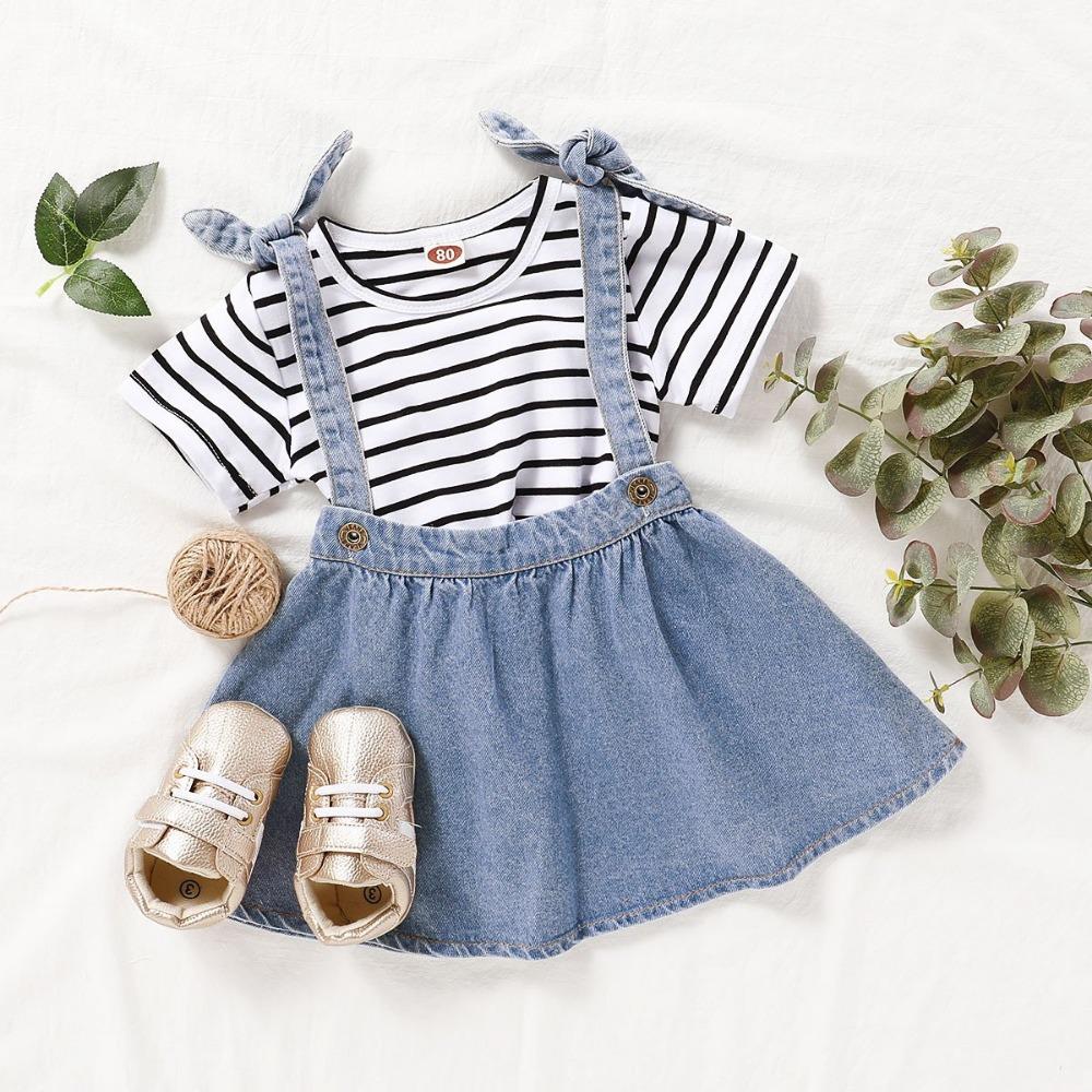 Girls' Striped Round Neck Short Sleeve T-Shirt & Denim Strap Skirt Wholesale Little Girls Clothes