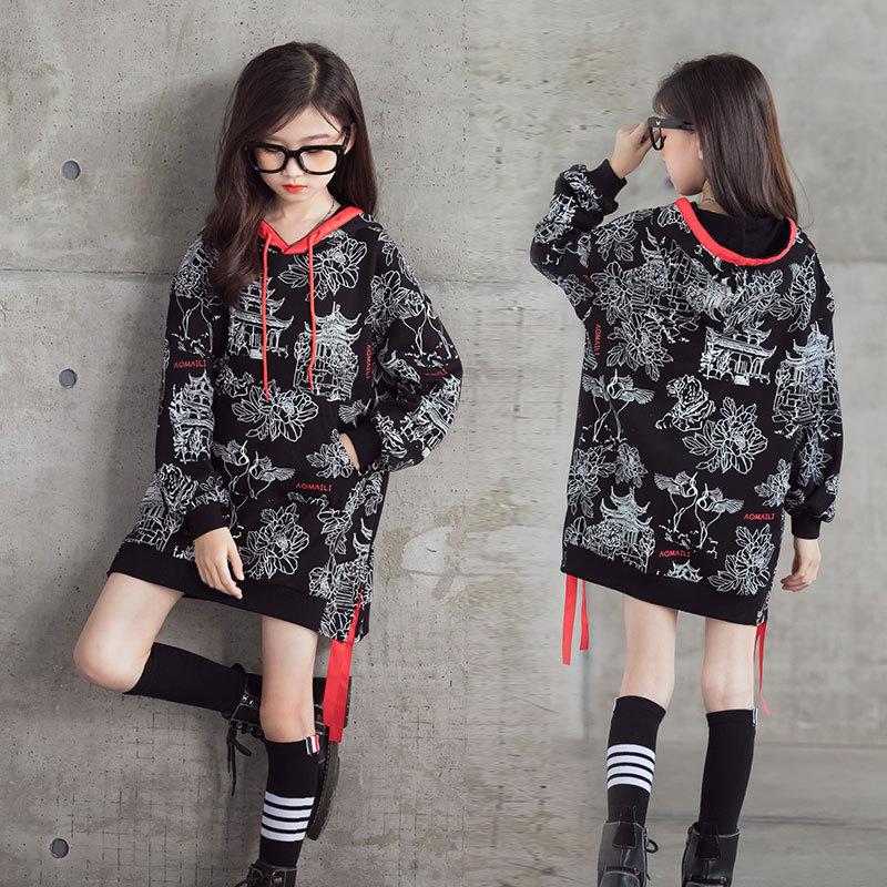 Girls' Loose Fried Street Long-Sleeved Shirt Printed Hooded Sweater Wholesale Kids Clothing