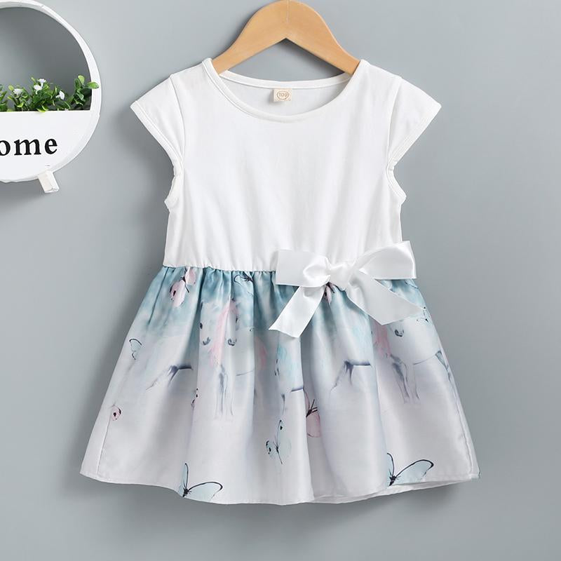 Girl Butterfly Print Spliced Short Sleeve Dress