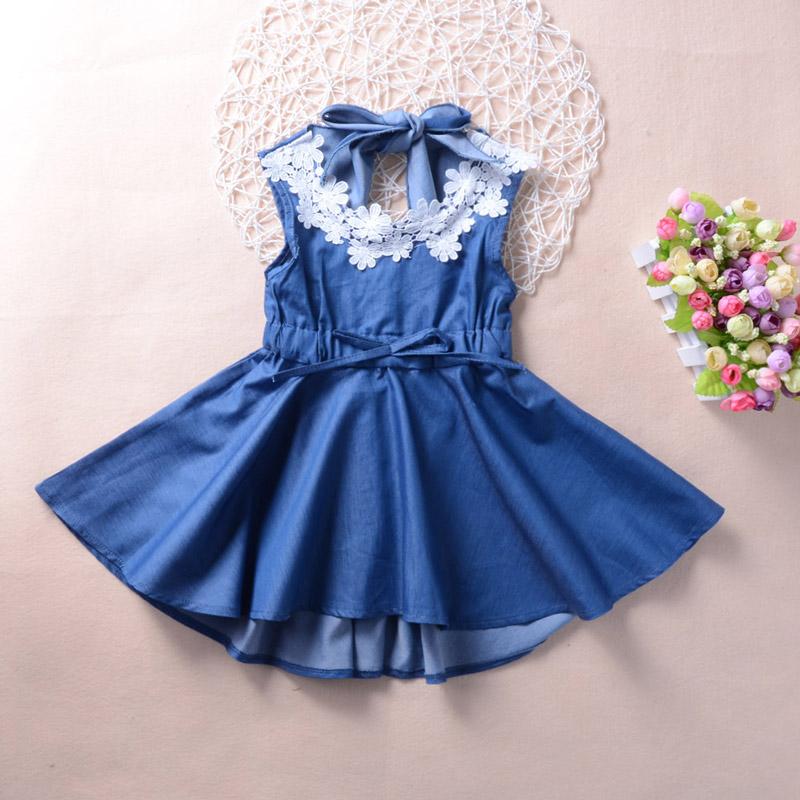 Fashionable Girls Imitation Denim Lace Flower Princess Dress