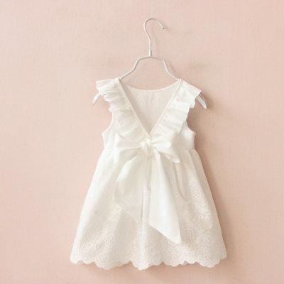 Girl's Pure White Dress Bow Big V Backless Hollow Out Skirt