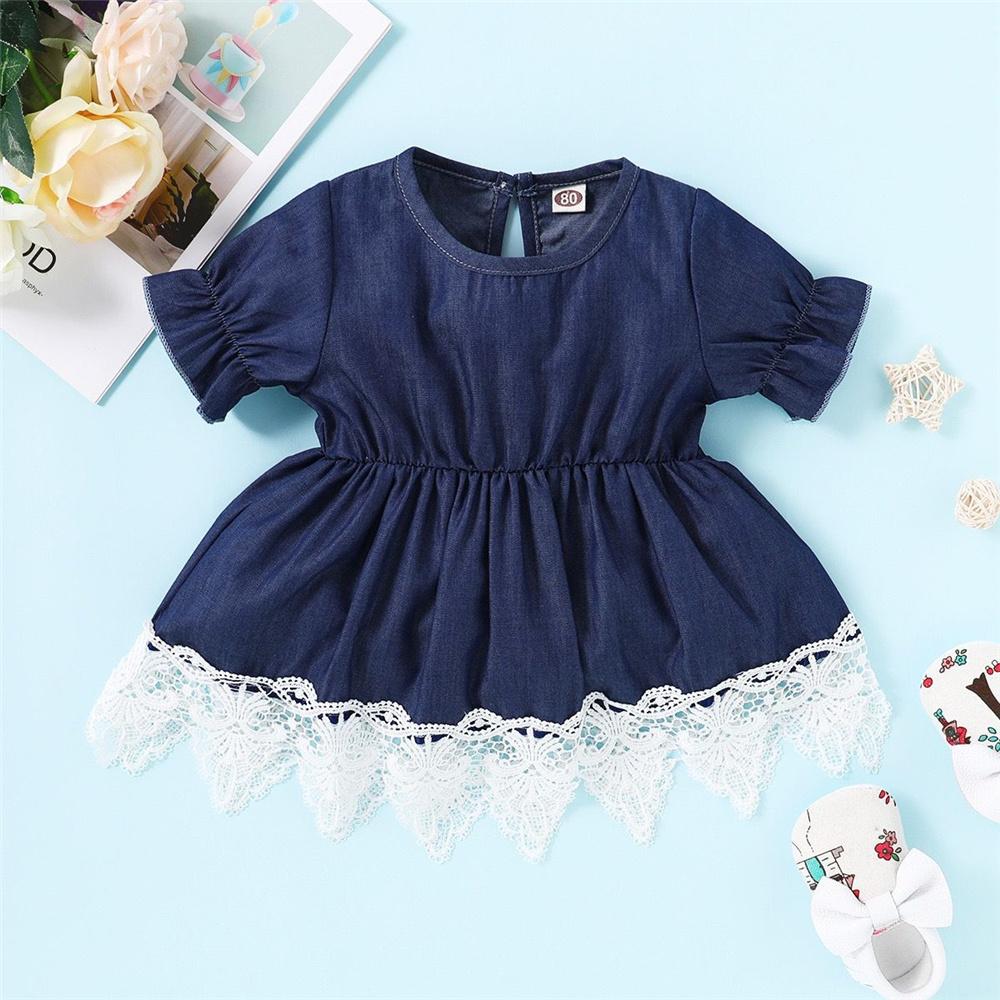 Girls Short Sleeve Lace Denim Splicing Dress Wholesale Baby Girl Clothes