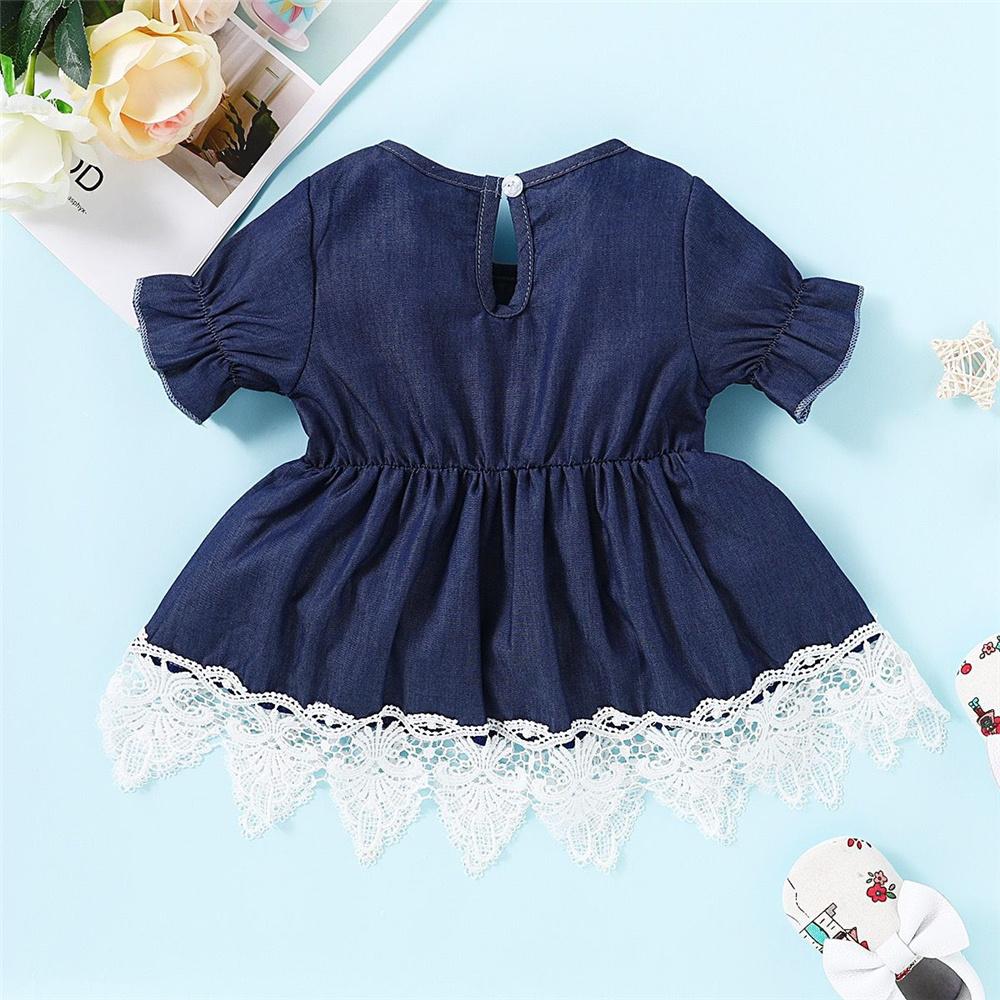 Girls Short Sleeve Lace Denim Splicing Dress Wholesale Baby Girl Clothes