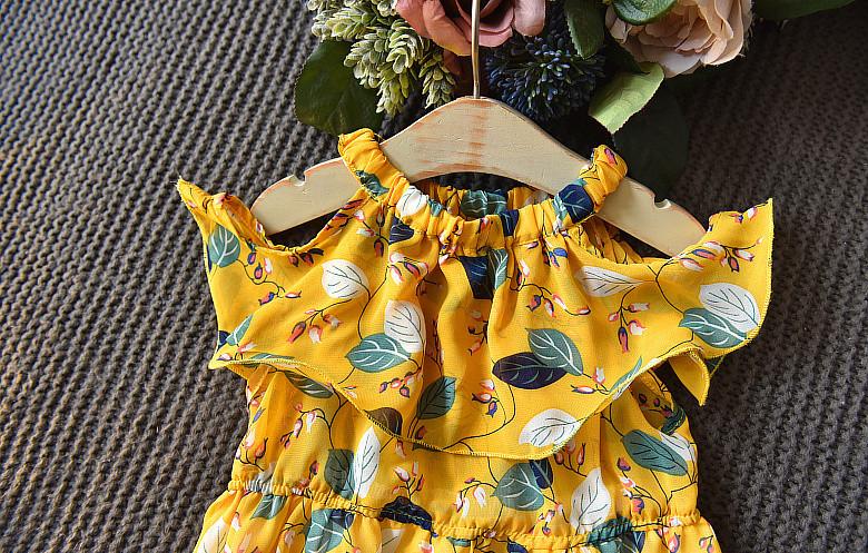 Girl Chiffon Off Shoulder Leaf and Flower Print Dress