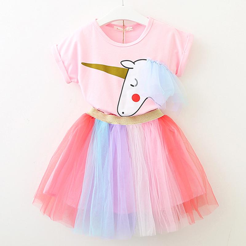 Fashionable Cartoon Unicorn Top Rainbow Mesh Dresses