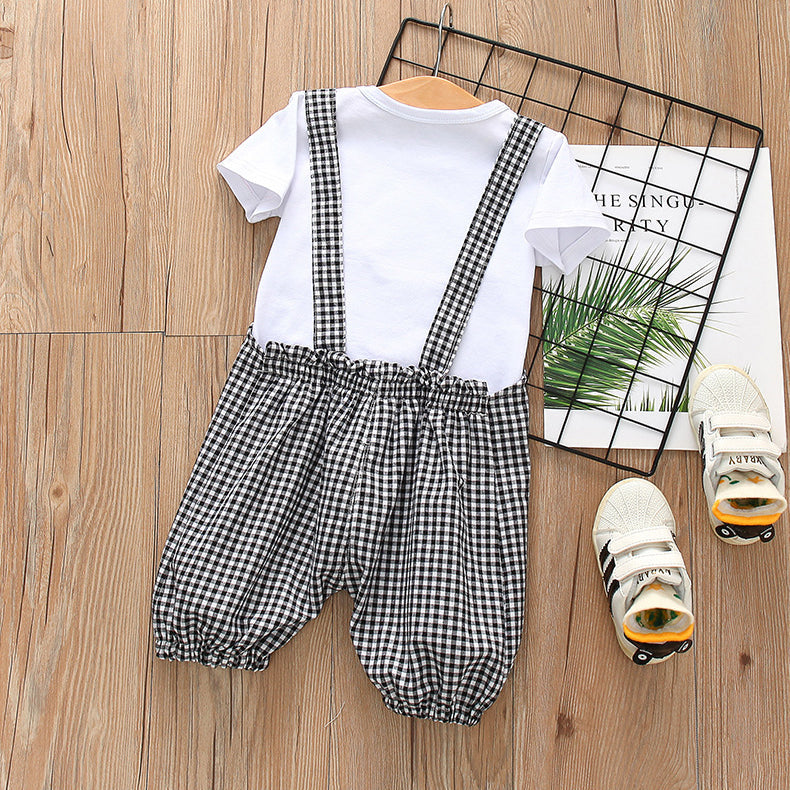 Toddler kids boys Solid color smiling face print short sleeve T-shirt Plaid print suspender Pants Set