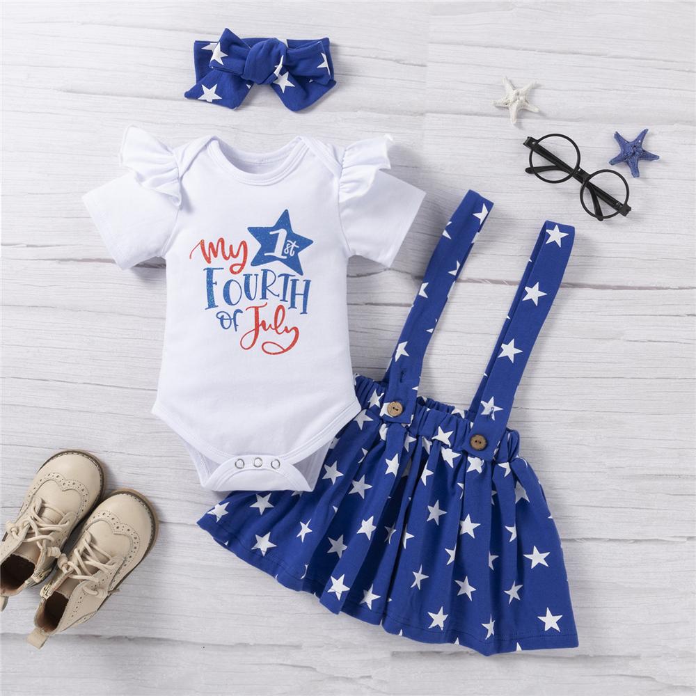 Baby Girls 4th July Letter Printed Short Sleeve Romper & Star Suspender Skirt & Headband cheap baby clothes wholesale