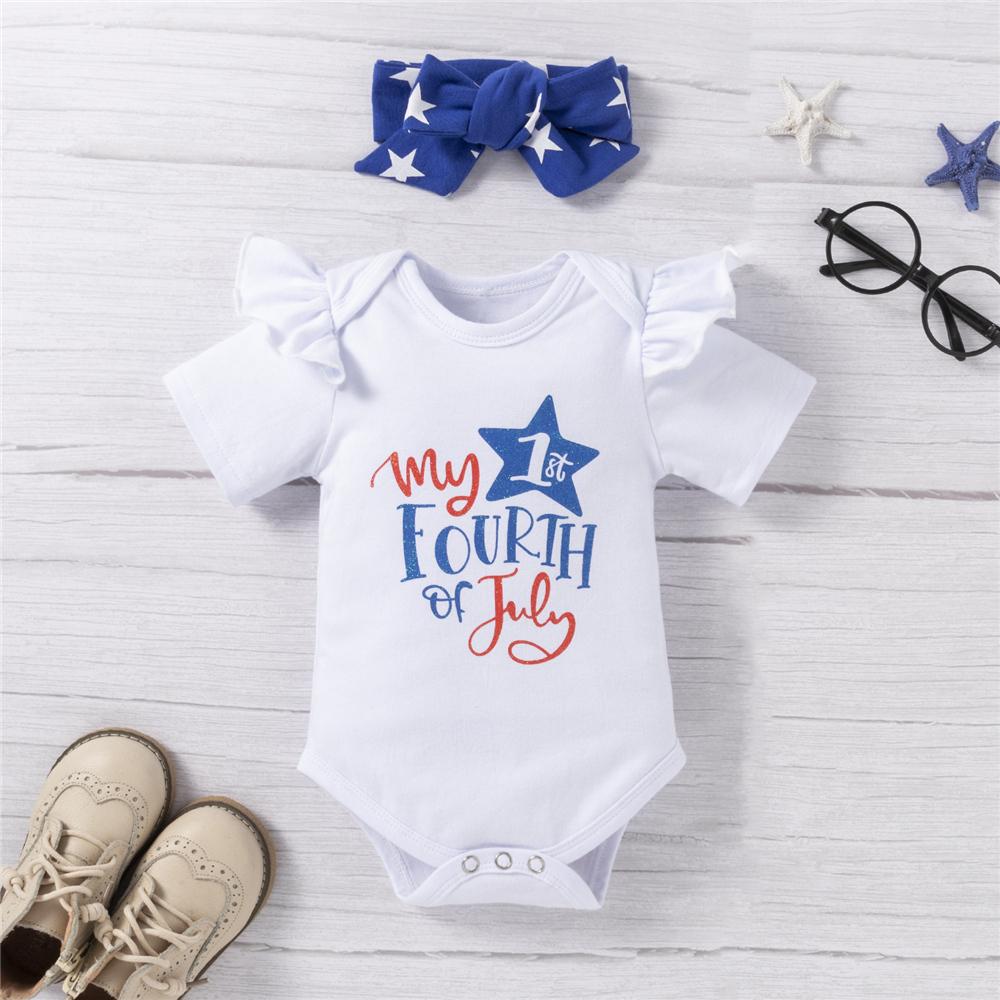 Baby Girls 4th July Letter Printed Short Sleeve Romper & Star Suspender Skirt & Headband cheap baby clothes wholesale