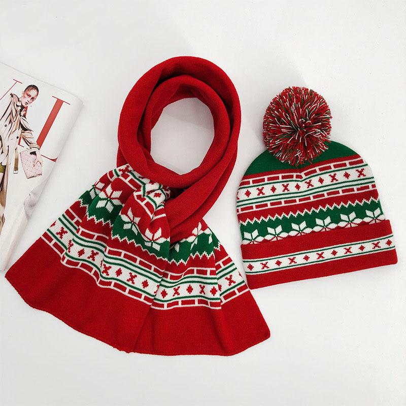 Knitted Christmas hat hanging ball flanging Christmas scarf set wholesale