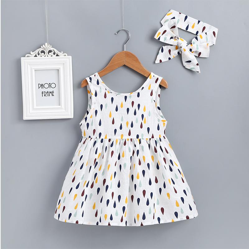 Girl's Raindrop Print Suspender Fluffy Dress With Hair Band