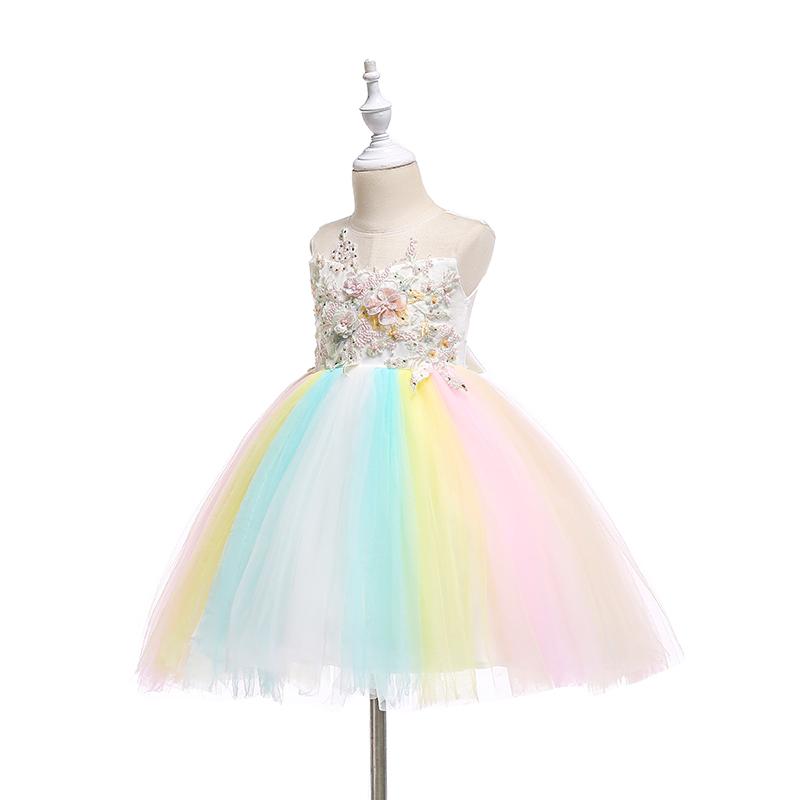 Beautiful Embroidered Flower Rainbow Tulle Sleeveless Party Dress for Girl - Wholesaleclothesusa