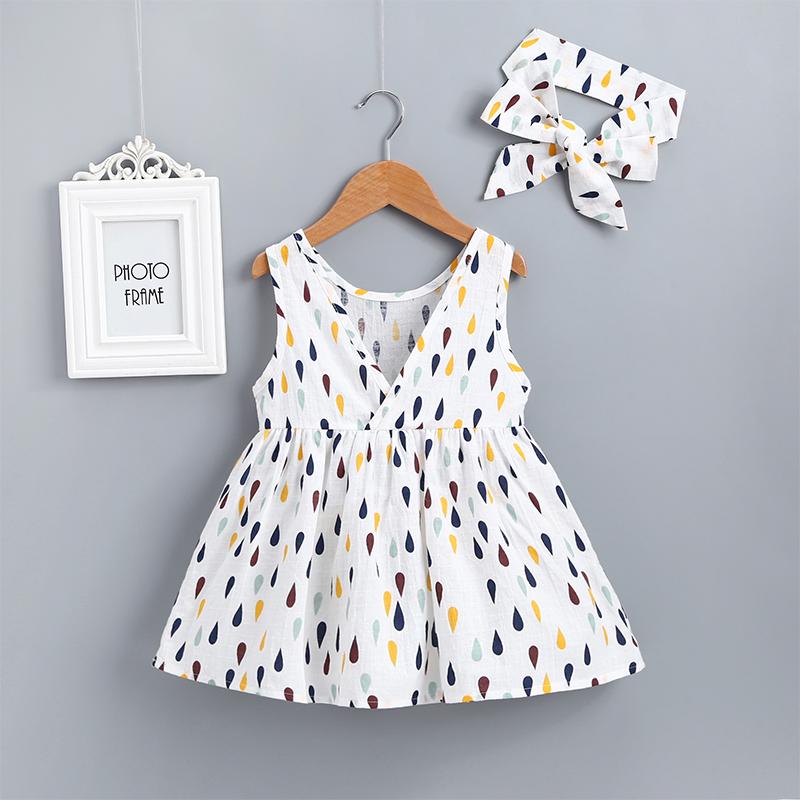 Girl's Raindrop Print Suspender Fluffy Dress With Hair Band