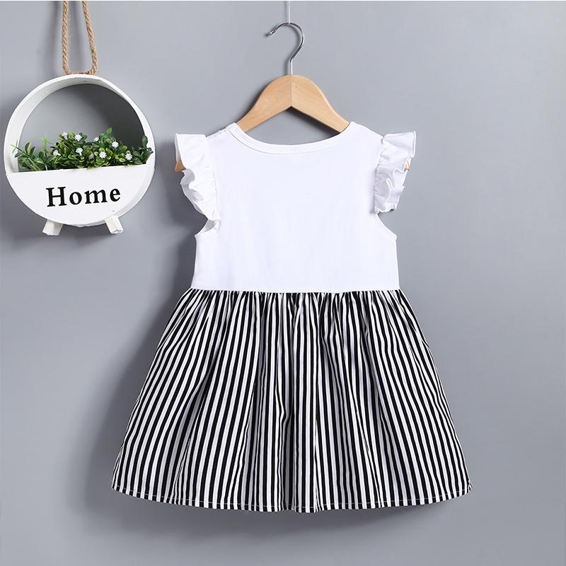 Girl's Cartoon Print Bow Fly Sleeve Stripe Splice Dress