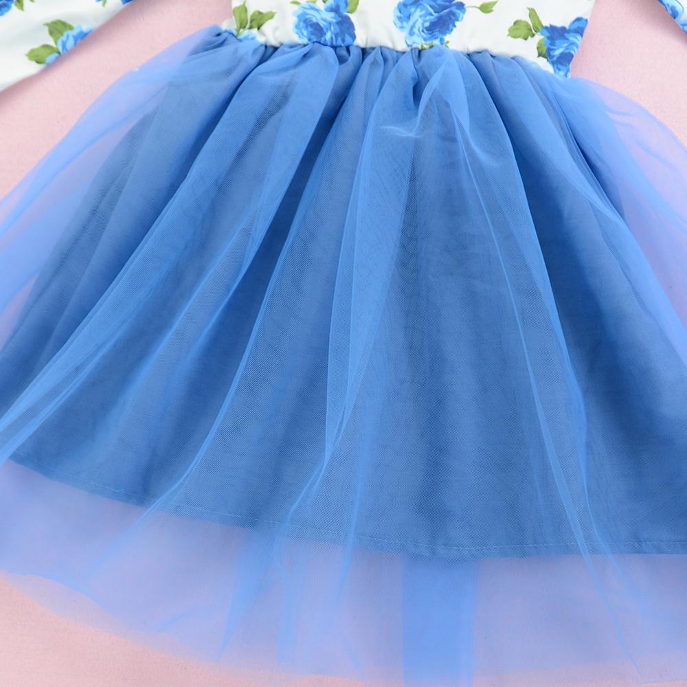 Girl's Blue Mesh Long Sleeve Round Neck Dress Print Princess Dress