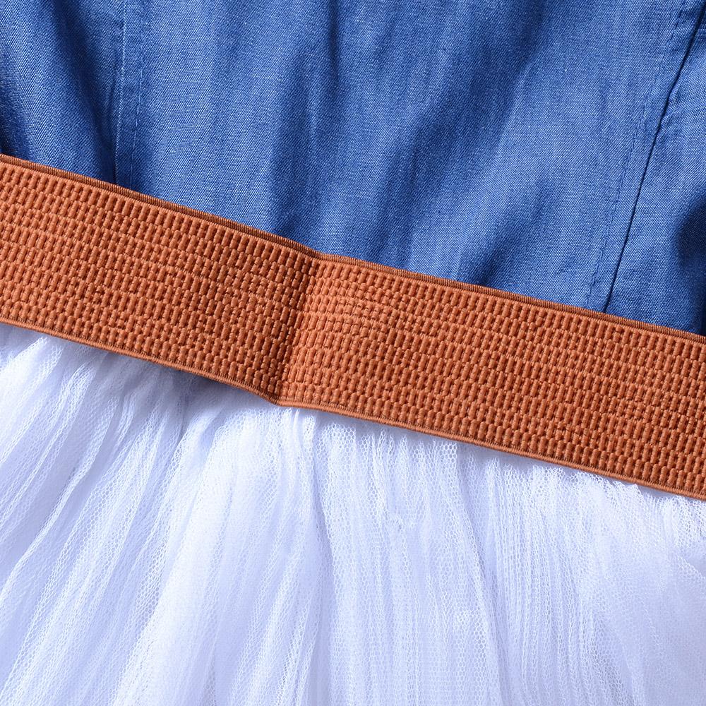 Fashionable Short Sleeve Denim Bow Belt Princess Mesh Skirt