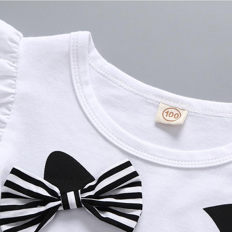 Girl's Cartoon Print Bow Fly Sleeve Stripe Splice Dress