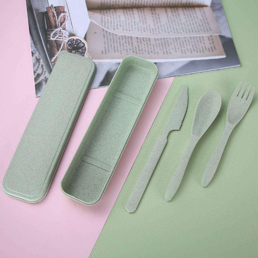 8PCS Wheat Straw Dinner Tableware Box Plastic Knife Fork Spoon Set Kids Accessories Wholesale